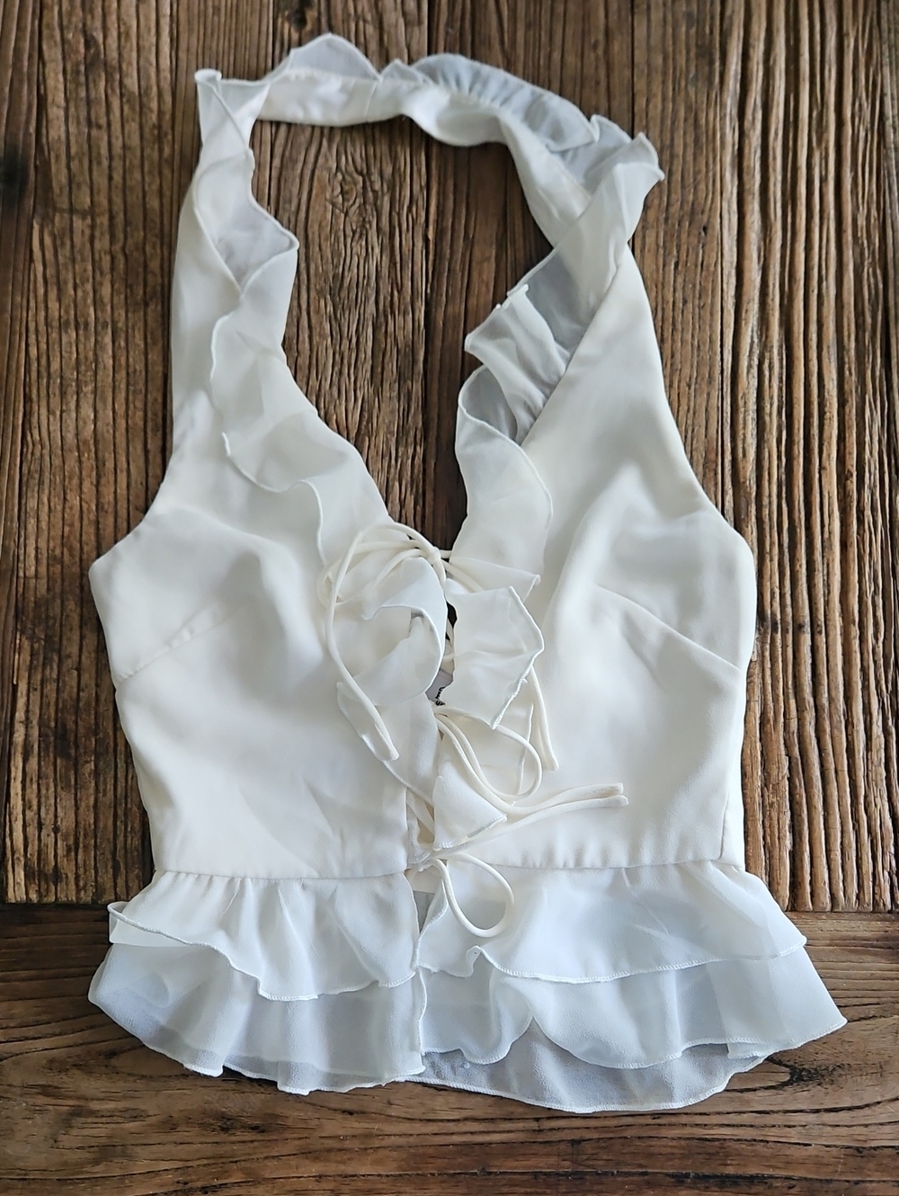 Oh Polly Off White Ruffle Halter Tie-Front Camisole Size 4